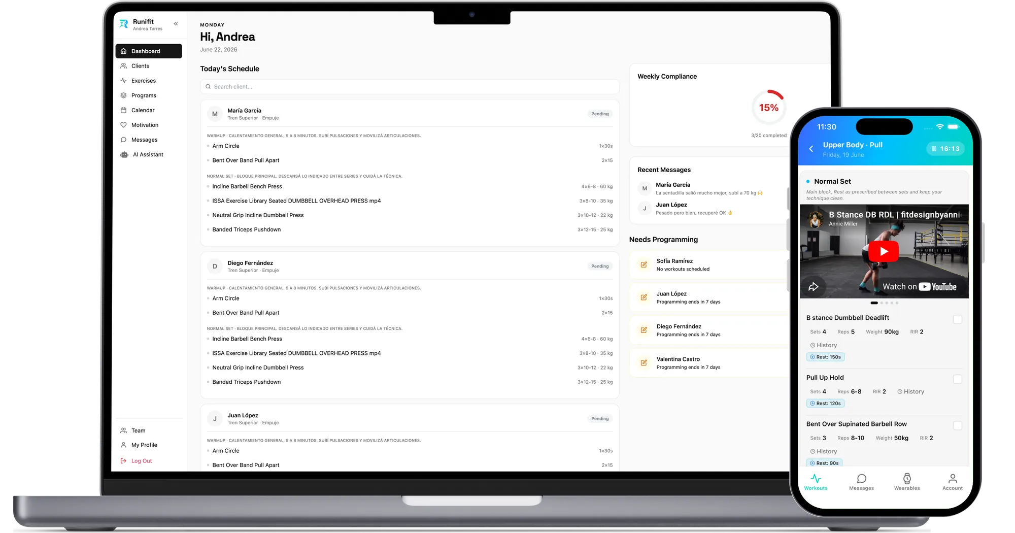 Runifit coaching dashboard on desktop and the client workout app on mobile